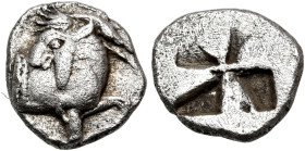 MACEDON. Aige in Pallene. Circa 500-480 BC. Tritetartemorion (Silver, 8 mm, 0.46 g). Forepart of a goat to right, his head turned back to left. Rev. Q...