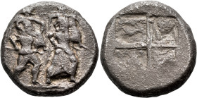 MACEDON. Aineia. Circa 510-480 BC. Tetradrachm (Silver, 23 mm, 15.82 g). On the left, Aineias, in armor, advancing to right, holding a horizontal spea...