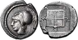 MACEDON. Aineia. Circa 450 BC. Tetrobol (Silver, 15 mm, 2.32 g, 4 h). Head of Aineias to left, with a light beard and wearing a crested Corinthian hel...