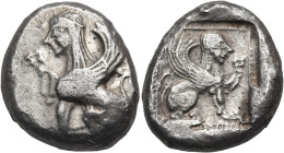 DYNASTS OF LYCIA. Amartite(?), circa 490/80-440/30 BC. Stater (Silver, 20.5 mm, 9.35 g, 11 h). Sphinx with curved wing seated to left, raising her rig...