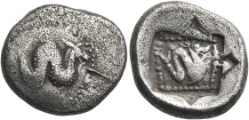 DYNASTS OF LYCIA. Uncertain dynast, circa 490/80-440/30 BC. Tetrobol or 1/3 Stater (Silver, 15 mm, 3.01 g, 12 h). Ketos swimming to right; border of d...