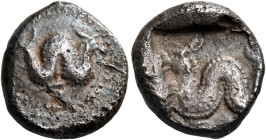 DYNASTS OF LYCIA. Uncertain dynast, circa 490/80-440/30 BC. Tetrobol or 1/3 Stater (Silver, 13 mm, 3.07 g, 7 h). Ketos swimming to right; border of do...