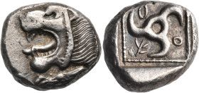 DYNASTS OF LYCIA. Ãru or Urã, circa 480/460 BC. Stater (Silver, 19.5 mm, 9.63 g). Forepart of roaring lion to left. Rev. ÃRU or ARŨ ( in Lycian ) Tris...