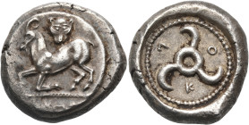 DYNASTS OF LYCIA. Kuprilli, circa 470/60-440/35 BC. Stater (Silver, 20 mm, 9.87 g). Goat kneeling to left on groundline; above the goat's back, lion's...