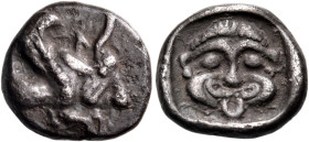 DYNASTS OF LYCIA. Uvug(?), circa 470-440 BC. Diobol (Silver, 11 mm, 1.30 g, 12 h). Forepart of winged bull flying right. Rev. Gorgoneion facing with p...