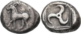 DYNASTS OF LYCIA. Limyra(?). Kuprili, circa 440-480 BC. Stater (Silver, 20 mm, 9.59 g). Goat standing left; above, round shield(?). Rev. Triskeles run...