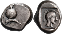 PAMPHYLIA. Side. Circa 479-460 BC. Stater (Silver, 219 mm, 11.26 g). Pomegranate on the back of a dolphin swimming to left. Rev. Head of Athena to rig...