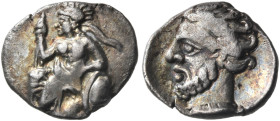 CILICIA. Uncertain mint. 4th Century BC. Obol (Silver, 9 mm, 0.40 g, 6 h). Athena wearing helmet, seated left on rock, holding a spear with her right ...