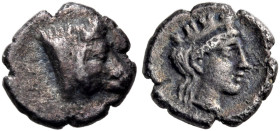 CILICIA. Uncertain mint. Circa 343-332 BC. Tetartemorion (Silver, 6 mm, 0.18 g, 6 h). Head of a boar to right. Rev. Turreted head of a goddess to righ...