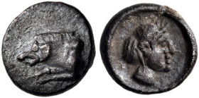 CILICIA. Uncertain mint. Circa 375-325 BC. Tetartemorion (Silver, 5.5 mm, 0.20 g, 7 h). Forepart of a boar to left. Rev. Veiled female head to left, w...