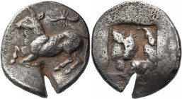 CYPRUS. Uncertain mint. Circa 500-480 BC. Stater (Silver, 25 mm, 9.59 g). Bull kneeling to left; above, winged solar disk. Rev. Irrregular incuse squa...