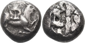 CYPRUS. Uncertain mint. Early 5th century BC. Stater (Silver, 17 mm, 10.12 g). Lion, of which only head is visible, attacking bull kneeling right. Rev...