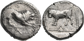 CYPRUS. Uncertain mint. Circa 480 BC. Stater (Silver, 22 mm, 11.04 g, 12 h). 'go' or 'ko' ( in Cypriot script ) Lion at bay right. Rev. 'go' or 'ko' (...