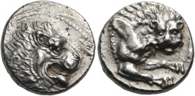 CYPRUS. Amathos. Rhoikos, circa 350 BC. Tetrobol (Silver, 13.5 mm, 2.29 g, 9 h). Head of a roaring lion to right. Rev. [ro in Cypriot script] Forepart...