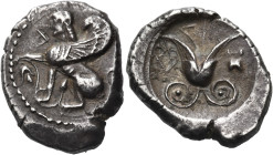 CYPRUS. Idalion. Stasikypros, circa 460-450 BC. Tetrobol (Silver, 17.5 mm, 3.64 g, 2 h). Sphinx seated to left, resting her right forepaw on a lotus t...