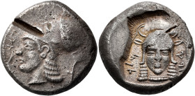 CYPRUS. Lapethos. Sidqmelek, circa 450-425 BC. Stater (Silver, 21 mm, 10.79 g, 12 h). 'King of Lapethos' ( in Phoenician ) Head of Athena to left, wea...