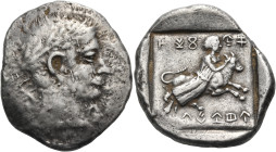 CYPRUS. Marion. Timocharis, mid 4th century BC. Stater (Silver, 25.5 mm, 10.90 g, 1 h). [pa-si ti-mo] ( in Cypriot script ) Laureate head of Apollo to...