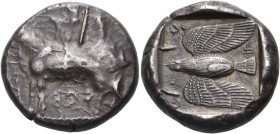 CYPRUS. Paphos. Onasioikos, circa 425 BC. Stater (Silver, 21 mm, 10.90 g, 6 h). pa-si 0-na-si / pa-si-le ( in Cypriot script ) Bull standing to left, ...