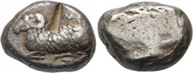 CYPRUS. Salamis. Euelthon, circa 530/15-480. Stater (Silver, 20 mm, 11.36 g). [E]-u-[fe-le-tho-ne] ( in Cypriot script ) Ram recumbent left. Rev. Blan...