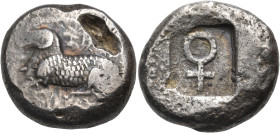 CYPRUS. Salamis. Euelthon, circa 530/15-480. Stater (Silver, 21 mm, 11.34 g, 6 h). [e]-u-we-[le-to-to-se] ( in Cypriot script ) Ram recumbent left. Re...