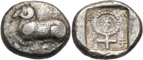 CYPRUS. Salamis. Euelthon, circa 530/15-480. Stater (Silver, 22 mm, 11.11 g, 6 h). e-u-we-le-to-to-se ( in Cypriot script ) Ram recumbent left. Rev. p...