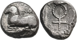 CYPRUS. Salamis. Phausis(?), Circa 480-460 BC. Stater (Silver, 20.5 mm, 10.72 g, 2 h). [pa]-u-si-[se-o] ( in Cypriot script ) Ram recumbent to left. R...