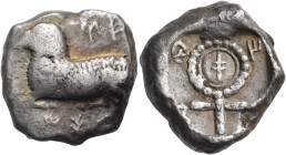 CYPRUS. Salamis. Phausis(?), Circa 480-460 BC. Stater (Silver, 20.5 mm, 11.18 g, 4 h). pa-u / si-o-se ( in Cypriot script ) Ram recumbent to left. Rev...