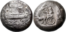 PHOENICIA. Sidon. Uncertain king, circa 450-425 BC. Double Shekel (Silver, 27 mm, 28.22 g, 12 h). Phoenician galley with furled sail to left above dou...