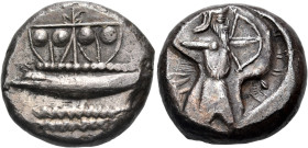 PHOENICIA. Sidon. Uncertain king, circa 450-425 BC. Half Shekel (Silver, 17.8 mm, 6.99 g, 3 h). Galley with unfurled sail to left above two rows of wa...