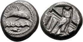 PHOENICIA. Tyre. Uncertain kings, circa 440-425 BC. Quarter Shekel or Drachm (Silver, 13.5 mm, 3.01 g, 10 h). MH SGR in Phoenician script Dolphin leap...