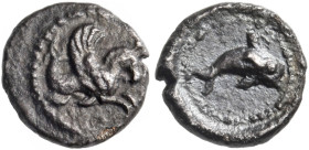 PHOENICIA. Tyre. Uncertain kings, circa 393-352 BC. 1/32 Shekel (Silver, 7 mm, 0.34 g, 12 h). Hippocamp with curved wing swimming to right. Rev. Dolph...