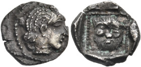 PHILISTIA (PALESTINE). Gaza. Mid 5th century - 333 BC. Obol (Silver, 9 mm, 0.66 g, 5 h), Philistian-styled. Female head to right; border of dots. Rev....