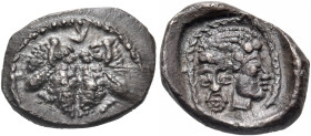 PHILISTIA (PALESTINE). Uncertain mint. mid 5th century-333 BC. Obol (Silver, 10.5 mm, 0.67 g, 11 h). b ( in Phoenician ) Two outward-facing confronted...