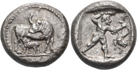 PHILISTIA (PALESTINE). Uncertain mint. Baana, Late 5th century BC. Stater (Silver, 21 mm, 10.55 g, 9 h). Cow standing to right on groundline, her head...