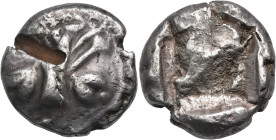 KYRENAIKA. Kyrene. Circa 550-500 BC. Tetradrachm (Silver, 24 mm, 17.55 g). Silphium plant with two leaves (one on each side), one flower at the top an...