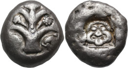 KYRENAIKA. Kyrene. Circa 525-480 BC. Tetradrachm (Silver, 23 mm, 17.22 g, 6 h). Silphium plant with four leaves (two on each side), three flowers (one...