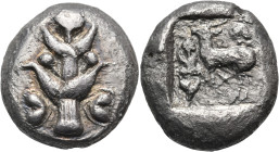 KYRENAIKA. Kyrene. Circa 500-480 BC. Tetradrachm (Silver, 24 mm, 16.06 g, 5 h), on the Rhodian weight standard. Silphium plant with four leaves (two o...