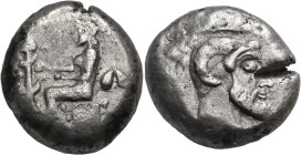 KYRENAIKA. Kyrene. Circa 500-480 BC. Tetradrachm (Silver, 22.5 mm, 17.09 g, 9 h). The nymph Kyrene, wearing a chiton and a flat stephane, seated left ...