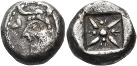 KYRENAIKA. Kyrene. Circa 500-480 BC. Drachm (Silver, 13.5 mm, 4.05 g). Head of a bearded man-headed bull to left, his curved horn extending out before...