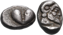 KYRENAIKA. Kyrene. Circa 500-480 BC. Hemidrachm (Silver, 11 mm, 1.79 g, 3 h). Silphium fruit with point downwards. Rev. Head of Zeus Ammon to right, w...