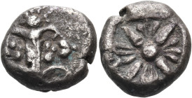 KYRENAIKA. Kyrene. Circa 500-480 BC. Drachm (Silver, 12 mm, 3.47 g). Silphium plant with four leaves (two on each side), three flowers (one at the top...