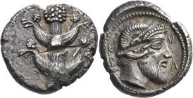 KYRENAIKA. Kyrene. Circa mid-5th century BC. Tetradrachm (Silver, 26 mm, 15.85 g, 11 h). Silphium plant with four leaves (two on each side), and five ...