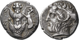 KYRENAIKA. Kyrene. Circa 410 BC. Tetradrachm (Silver, 24 mm, 12.94 g, 6 h). ΑΡΙΣ-ΤΟ-Μ-Η-ΔΕ-ΟΣ Silphium plant with four leaves (two on each side), and ...