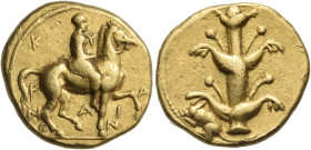 KYRENAIKA. Kyrene. Ophellas, Ptolemaic governor, first reign, circa 322-313 BC. Drachm (Gold, 15 mm, 4.31 g, 12 h). K-Y/P-A/NΑΙ-A-I/O-N Horseman ridin...