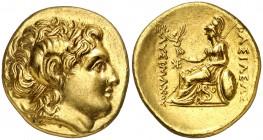 Reino de Tracia. Lisímaco (323-281 a.C.). Estátera de oro. (S. 6813 var). 8,40 g. Muy bella. Rara. EBC+.