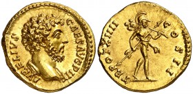 (159-160 d.C.). Marco Aurelio. Áureo. (Spink 4773) (Co. 752) (RIC. 481a, de Antonino pío) (Calicó 1973). 7,22 g. Bella. Rara así. EBC+/EBC.