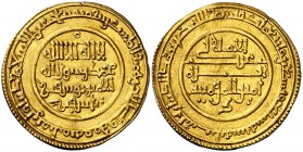 AH 497. Almorávides. Yusuf. Sevilla. Dinar. (V. 1495) (Lavoix 535) (Hazard 103). 4,12 g. Bella. Rarísima. EBC.
