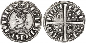 Pere II (1276-1285). Barcelona. Croat. (Cru.V.S. 322) (Badia falta) (Cru.C.G. 2137). 3 g. Bella. Rarísima. EBC-.