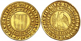 Pere II (1276-1285). Sicília. Agostar. (Cru.V.S. 324.3) (Cru.C.G. 2140b) (MIR. 170). 4,33 g. Bellísima. Brillo original. Muy rara así. S/C-.