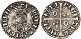 Jaume II (1291-1327). Barcelona. Croat. (Cru.V.S. 335) (Cru.C.G. 2152). 3,18 g. Dos-tres-tres y dos anillos en el vestido. Letras A y U góticas. Busto...